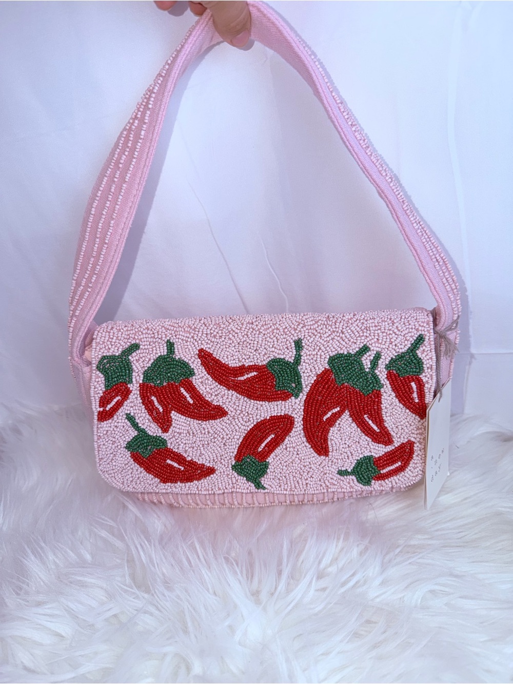 a new day Pink Beaded Shoulder Bag with Red Chili Embroidery